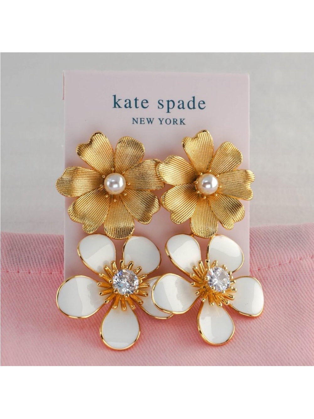 kate spade Gold and White Double Floral Drop Earrings